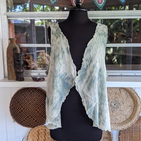 Artsy Tie Dye Gauze Vest Green Hippie Vacation Lagenlook Bohemian Sleeveless - Picture 1 of 11